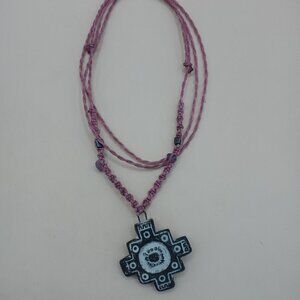 Unisex Necklace Woven Macramé Thread Processed Inca Chakana Stone